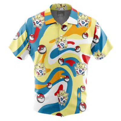 The Default Button Up Hawaiian Shirt (Copy) is a short-sleeved button-up shirt featuring colorful wavy stripes and a pattern of Poké Balls and the Pokémon Togepi on a white background.