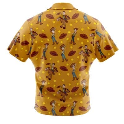 Default Button Up Hawaiian Shirt (Copy) in yellow, featuring a repeating all-over print of cartoon cowboys, sheriff stars, and brown cowboy hats. This short-sleeved shirt is shown from the back.