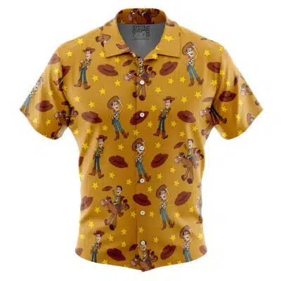 The Default Button Up Hawaiian Shirt (Copy) is a short-sleeved, button-up shirt featuring cartoon characters, cowboy hats, horseshoes, and yellow stars on a yellow background.
