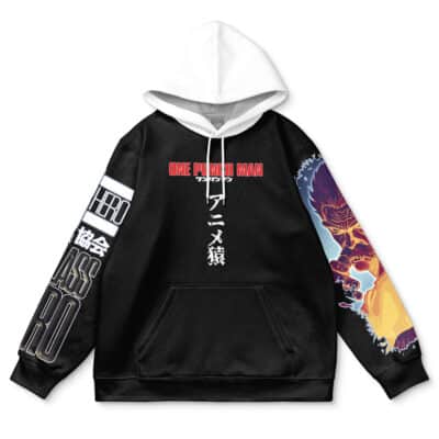 Edward Newgate One Piece Streetwear Hoodie featuring a black and white design, “ONE PIECE” text with Japanese characters, “HERO” text on one sleeve, and a vibrant illustration of Edward Newgate on the other sleeve.