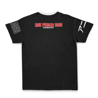 Edward Newgate One Piece Streetwear T-Shirt (Copy) in black, featuring bold “ONE PUNCH MAN” text in red and white on the back. The right sleeve displays white Japanese characters, while the left sleeve has “CLASS” printed in white. A light grey collar accents the shirt, which is shown laid flat with the back visible.