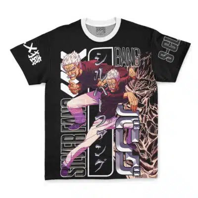Edward Newgate One Piece Streetwear T-Shirt featuring a black graphic design with an anime-style character in dynamic poses, accented by white and purple Japanese text along with "SILVER FANG" and "BANG" printed on the front and sleeves.
