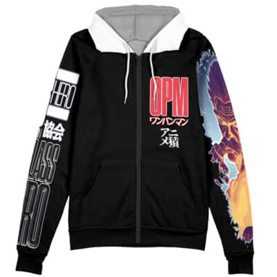 Edward Newgate One Piece Streetwear Zip Hoodie Jacket featuring OPM and Japanese characters on the front, CLASS HERO text on one sleeve, and a vibrant anime-style illustration of an intense character on the other sleeve.