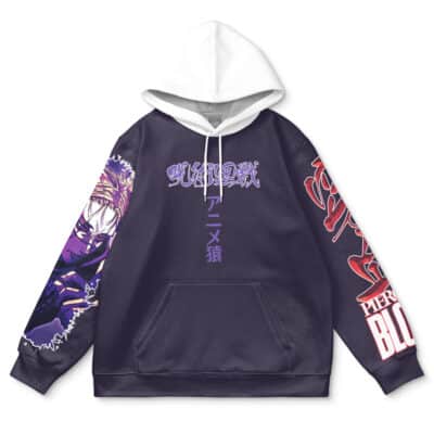 The All for One My Hero Academia Streetwear Hoodie is dark purple with a white hood, featuring vibrant anime-style graphics, Japanese text, bold red and white sleeve lettering, and a detailed character illustration on the front and left sleeve.