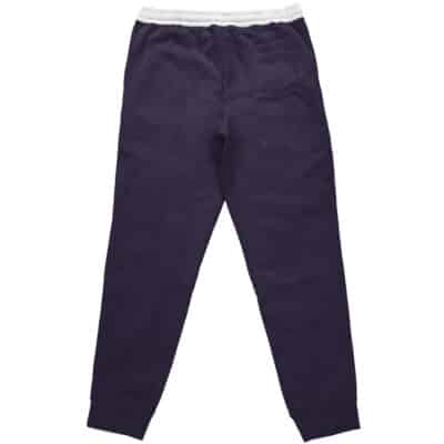 The All for One My Hero Academia Streetwear Sweatpants in dark navy blue feature a white elastic waistband and ankle cuffs, shown laid flat with the backside facing up.