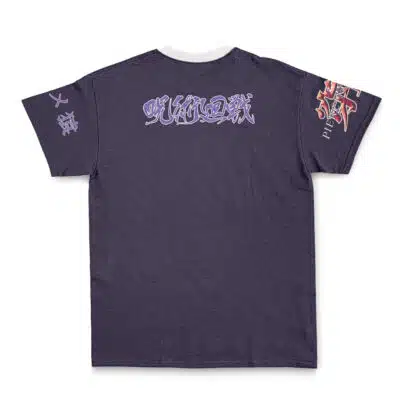 Back view of the All for One My Hero Academia Streetwear T-Shirt in dark purple, showcasing lilac text on the upper back and graphic designs with Japanese characters and red, white, and black details on both sleeves.