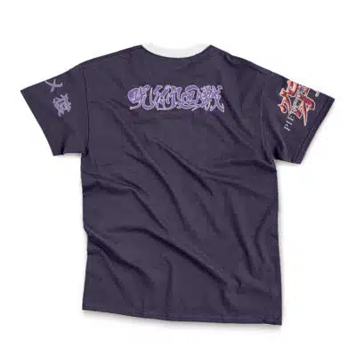 The All for One My Hero Academia Streetwear T-Shirt features dark purple fabric, stylized white and lavender graphic text across the upper back and left sleeve, with red, white, and gold designs on the right sleeve. Back view shown.