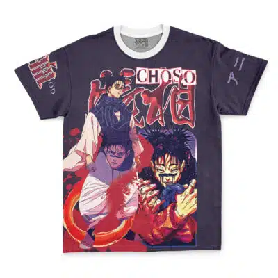 The All for One My Hero Academia Streetwear T-Shirt features vibrant anime-style art of three male characters, bold red and purple graphics, Japanese text, white collar and sleeve accents, and small sleeve designs.