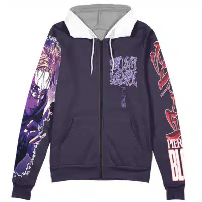The All for One My Hero Academia Streetwear Zip Hoodie Jacket is a dark purple zip-up with anime-style art on the left sleeve and chest, white hood lining, and bold red and white Japanese/English text on the right sleeve and front.