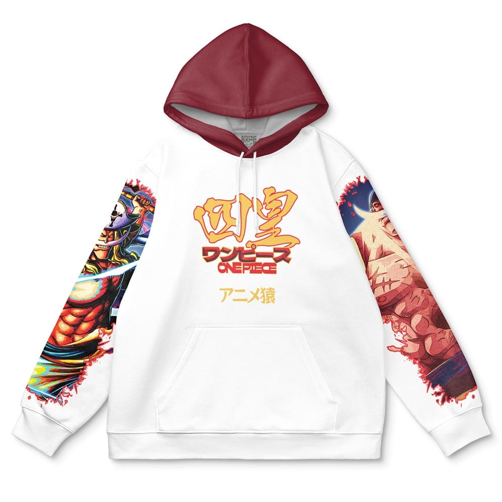 The Jiraiya Shippuden Streetwear Hoodie (Copy) is a white hoodie with a red hood, anime-style sleeve art of a samurai and a muscular character, plus Japanese text and “ONE PIECE” on the front.