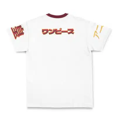 The Jiraiya Shippuden Streetwear T-Shirt (Copy) is a white tee with a maroon collar, bold Japanese text in red and yellow on the upper back, plus red characters on the left sleeve and yellow ones on the right sleeve.