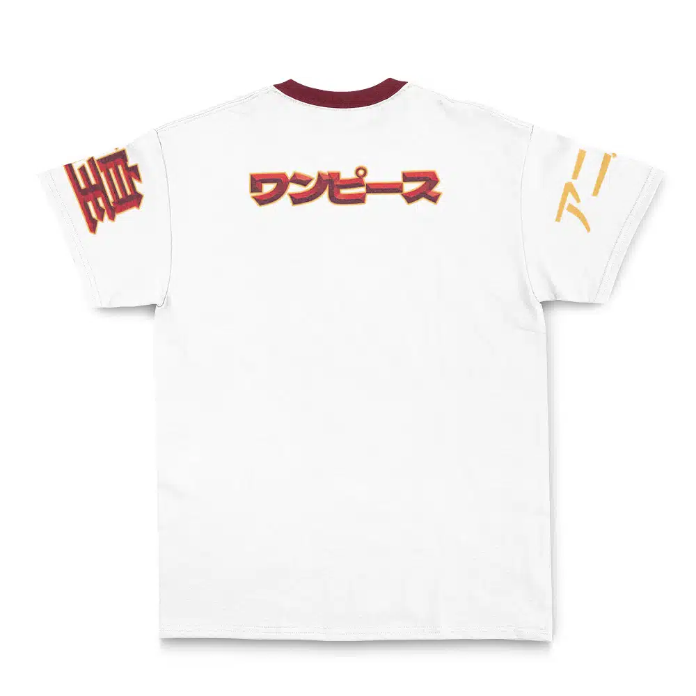 The Jiraiya Shippuden Streetwear T-Shirt (Copy) is a white tee with a maroon collar, bold Japanese text in red and yellow on the upper back, plus red characters on the left sleeve and yellow ones on the right sleeve.