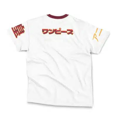 The Jiraiya Shippuden Streetwear T-Shirt (Copy) is a white tee with a maroon collar, bold red and gold Japanese text centered on the back, and gold and red Japanese characters on each sleeve.