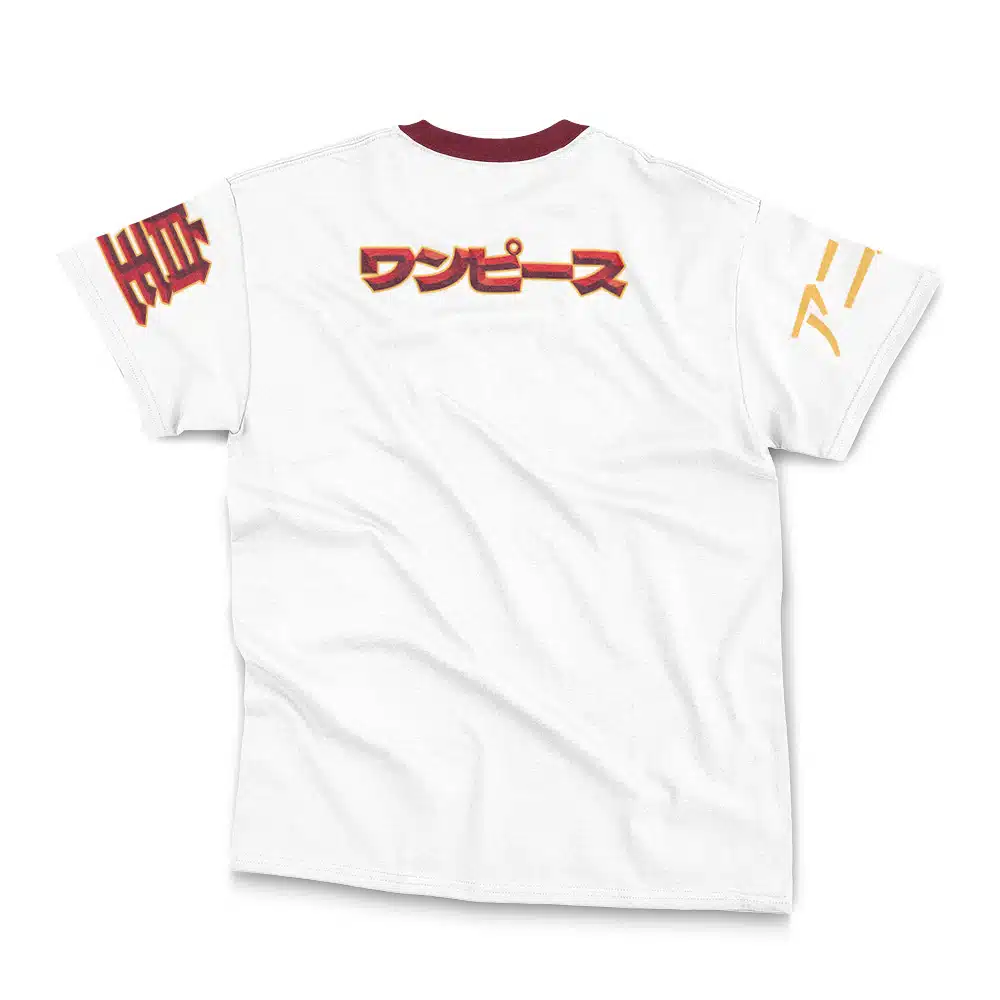 The Jiraiya Shippuden Streetwear T-Shirt (Copy) is a white tee with a maroon collar, bold red and gold Japanese text centered on the back, and gold and red Japanese characters on each sleeve.