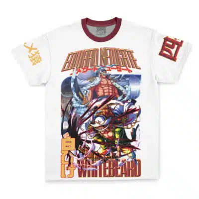 White T-shirt featuring vibrant anime artwork of Jiraiya from Shippuden, with bold red, yellow, and gold Japanese and English text, plus character illustrations on the front and sleeves.