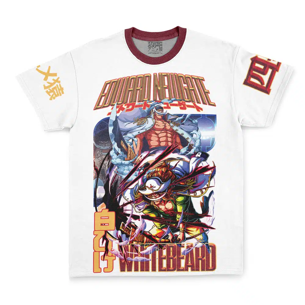 White T-shirt featuring vibrant anime artwork of Jiraiya from Shippuden, with bold red, yellow, and gold Japanese and English text, plus character illustrations on the front and sleeves.