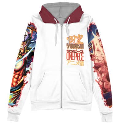 The Sakazuki One Piece Streetwear Zip Hoodie Jacket is a white zip-up hoodie with maroon hood lining, colorful One Piece character art on both sleeves, and a One Piece logo with Japanese text on the chest.