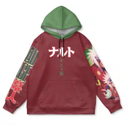 The Genryusai Shigekuni Yamamoto Bleach Streetwear Hoodie features red and green colors, Japanese text on the front, stylized lettering on one sleeve, and vibrant anime character art on the other sleeve.