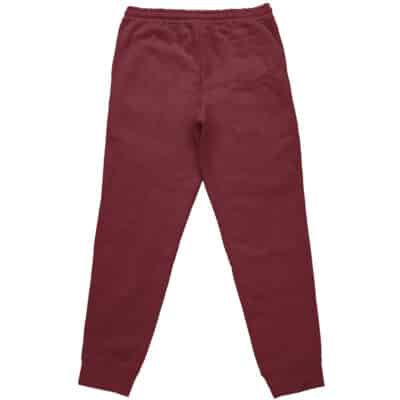 Genryusai Shigekuni Yamamoto Bleach Streetwear Sweatpants in maroon, shown from the back with an elastic waistband and cuffed ankles, displayed against a white background.