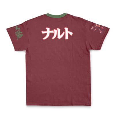 The Genryusai Shigekuni Yamamoto Bleach Streetwear T-Shirt features a maroon color with a green collar, bold white Japanese katakana text outlined in red on the back, and extra Japanese characters on both sleeves.