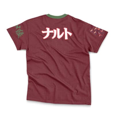 The Genryusai Shigekuni Yamamoto Bleach Streetwear T-Shirt features a maroon base, white and red Japanese text on the back, green Japanese lettering on the left sleeve, small orange graphics on the right sleeve, and a green collar.