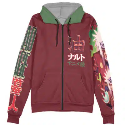 The Genryusai Shigekuni Yamamoto Bleach Streetwear Zip Hoodie Jacket is a maroon zip-up with green cuffs and hood lining, anime-style sleeve art, plus Japanese text on the chest and sleeves.