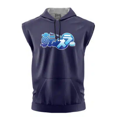 Angels of Delusion Zenless Zone Zero Sleeveless Hoodie (Copy) – a navy sleeveless hoodie featuring Japanese text and a blue slime graphic on the chest, with a front pocket, drawstrings, and a light gray inner hood lining.