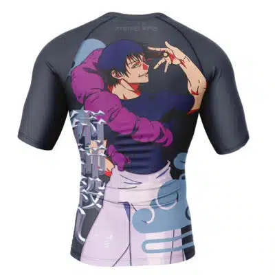 The Fat Gum Cosplay My Hero Academia Short Sleeve Rash Guard Compression Shirt features vibrant anime art of a blue-haired character with Japanese text and decorative clouds covering the entire back.