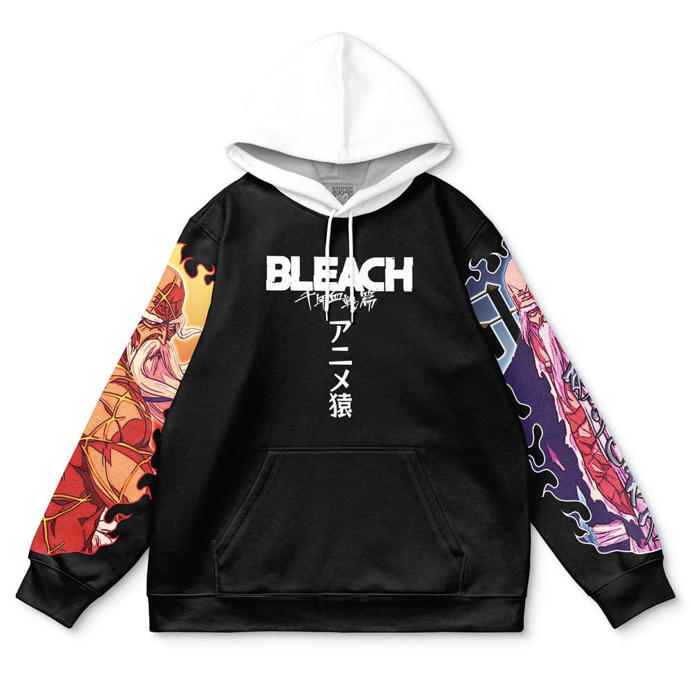 The Choso Jujutsu Kaisen Streetwear Hoodie (Copy) is a black hoodie with a white hood, featuring "BLEACH" and Japanese text on the front, and colorful anime-style character art with red and purple tones on the sleeves.