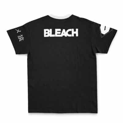 Choso Jujutsu Kaisen Streetwear T-Shirt: Black tee featuring white BLEACH text on the back, white Japanese characters on the left sleeve, a bold white graphic on the right sleeve, and a white neckline.