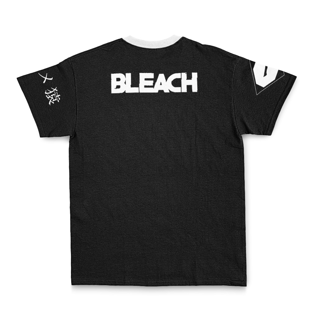Choso Jujutsu Kaisen Streetwear T-Shirt: Black tee featuring white BLEACH text on the back, white Japanese characters on the left sleeve, a bold white graphic on the right sleeve, and a white neckline.