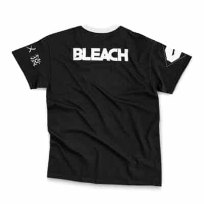 The Choso Jujutsu Kaisen Streetwear T-Shirt (Copy) is a black tee featuring bold white "BLEACH" text on the back, white Japanese characters on the left sleeve, and a large white symbol on the right sleeve.