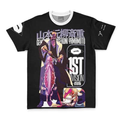 Choso Jujutsu Kaisen Streetwear T-Shirt: Black tee with an illustrated anime character wielding a sword, Japanese text, bold 1st VISION lettering, and vibrant graphics on the front and sleeves.