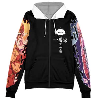 The Choso Jujutsu Kaisen Streetwear Zip Hoodie Jacket is a black zip-up hoodie with white trim, colorful Choso illustrations on each sleeve, Japanese text on the front, and a diamond-shaped emblem.