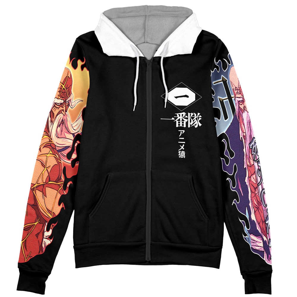 The Choso Jujutsu Kaisen Streetwear Zip Hoodie Jacket is a black zip-up hoodie with white trim, colorful Choso illustrations on each sleeve, Japanese text on the front, and a diamond-shaped emblem.
