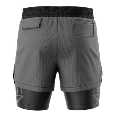 Back view of grey Black Lantern Superheroes 2-in-1 Performance Shorts featuring a mesh outer layer with a zippered pocket and solid black compression liner.