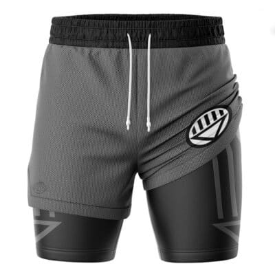 Black Lantern Superheroes 2-in-1 Performance Shorts featuring grey mesh athletic shorts with a black base layer and a white lantern symbol on the leg.