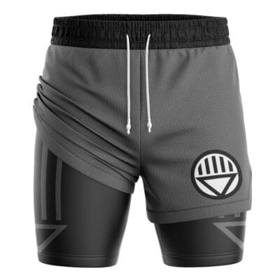 Black Lantern Superheroes 2-in-1 Performance Shorts, featuring grey mesh athletic shorts layered over black compression shorts with a white circular logo on the leg.
