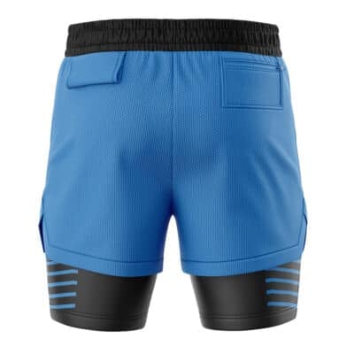 Blue Lantern Superheroes 2-in-1 Performance Shorts featuring a blue exterior, black waistband, zippered back pocket, and black compression liners with blue horizontal stripes.
