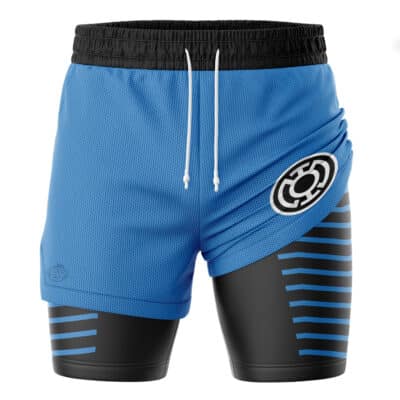 Blue Lantern Superheroes 2-in-1 Performance Shorts featuring blue athletic fabric with an attached black compression liner, horizontal blue stripes, and a Blue Lantern logo on the outer leg.