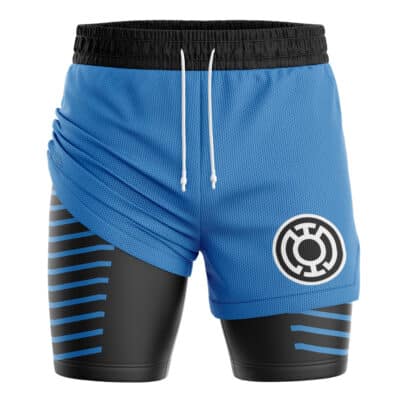 Blue Lantern Superheroes 2-in-1 Performance Shorts featuring blue athletic shorts with a black waistband, white drawstring, and a circular leg logo, layered over black compression shorts with horizontal blue stripes.