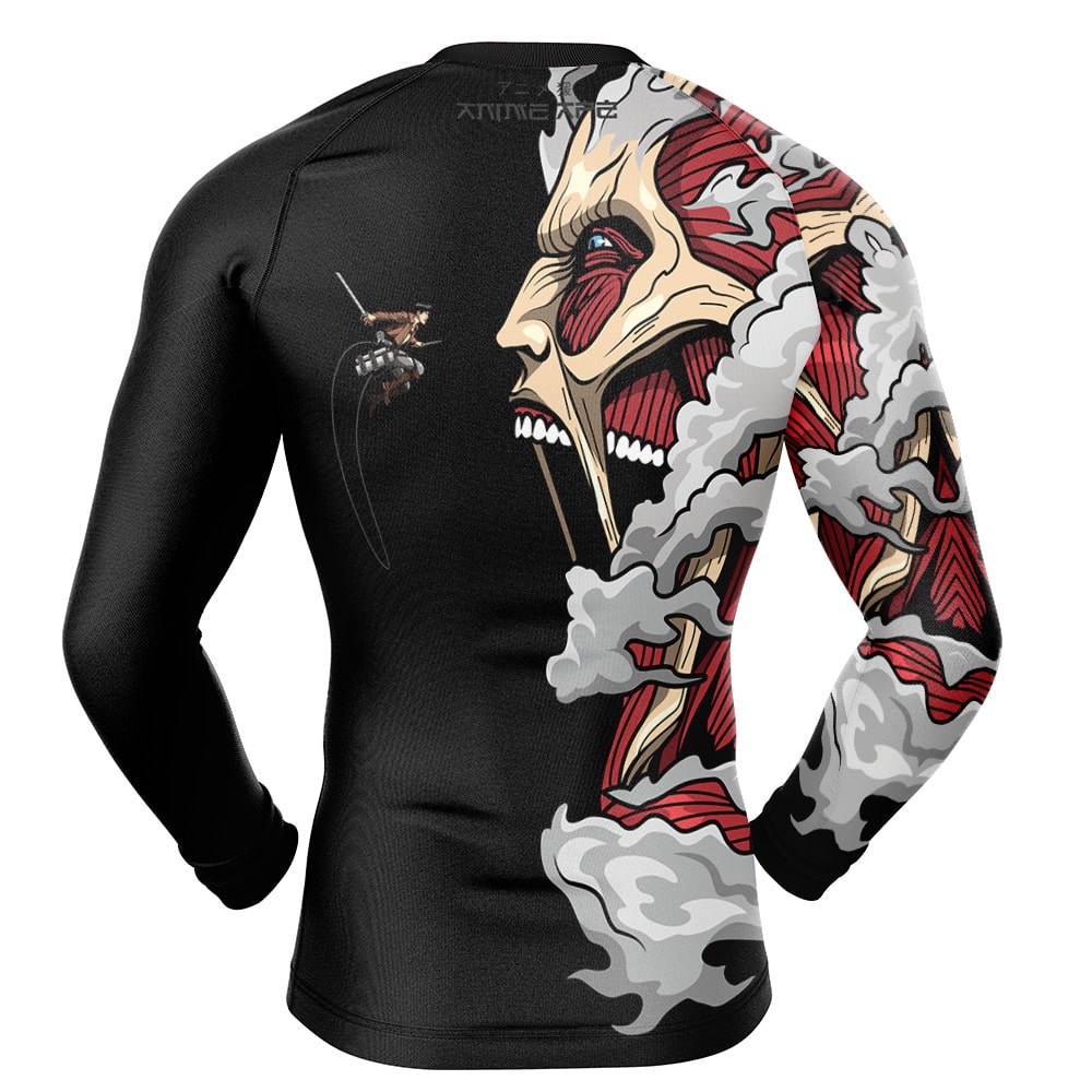 Eren Yeager Versus Colossal Titan V1 AOT Long Sleeve Rash Guard Compression Shirt - Image 2