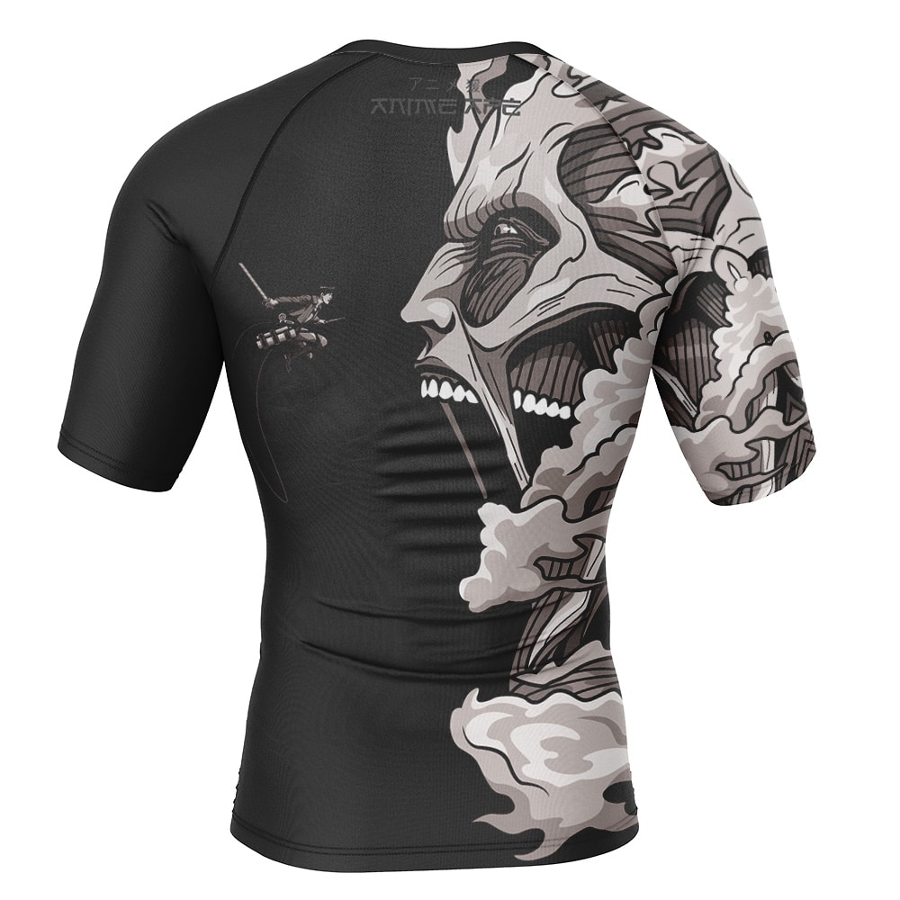 Eren Yeager Versus Colossal Titan V2 AOT Short Sleeve Rash Guard Compression Shirt - Image 2