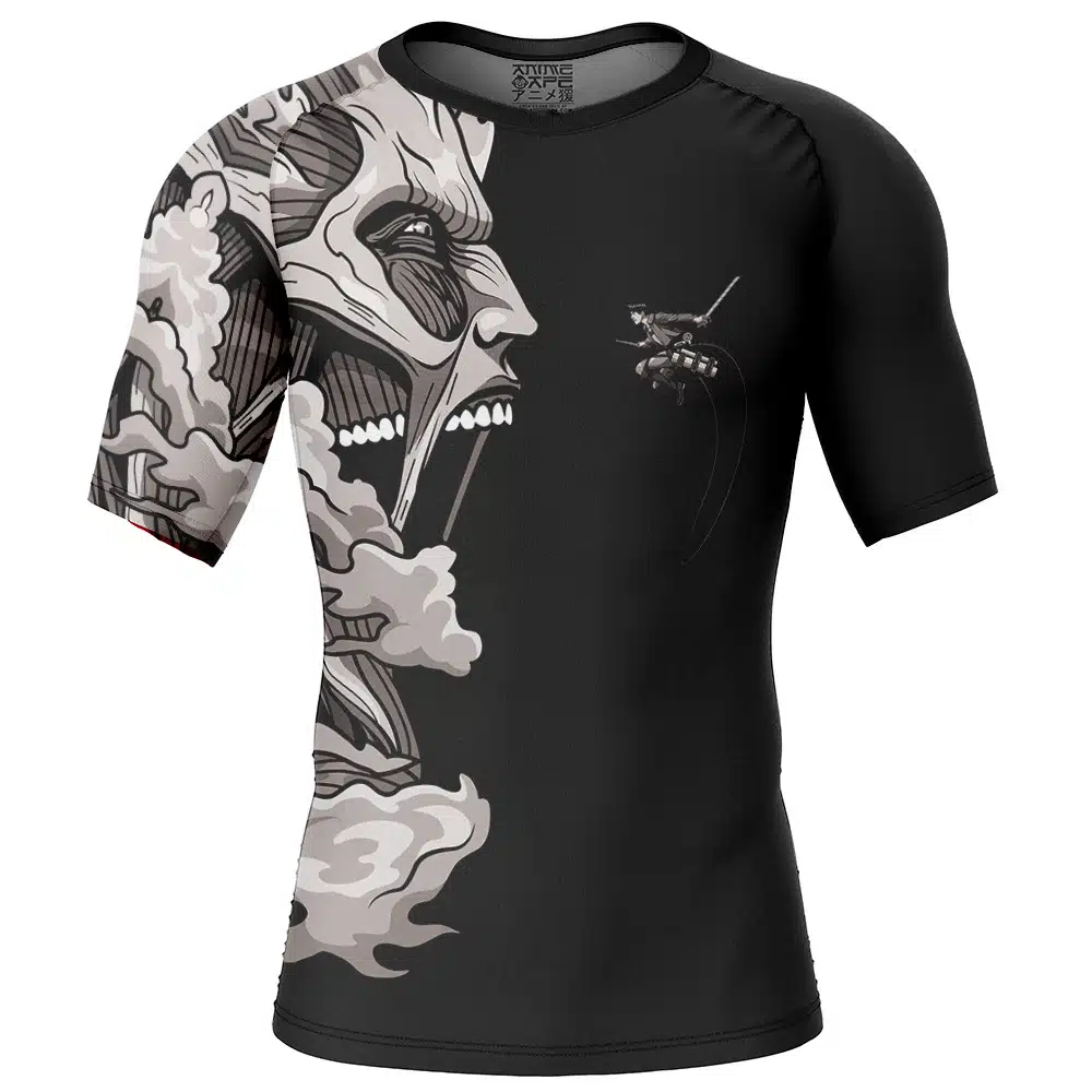 Eren Yeager Versus Colossal Titan V2 AOT Short Sleeve Rash Guard Compression Shirt