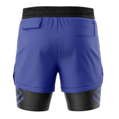 Back view of Indigo Lantern Superheroes 2-in-1 Performance Shorts, featuring blue fabric with a black waistband, a zippered pocket, and black compression-style liners with dark geometric designs.