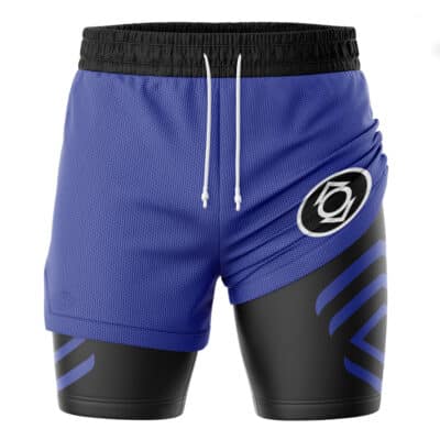 Indigo Lantern Superheroes 2-in-1 Performance Shorts: blue mesh athletic shorts with a black compression liner, white drawstring, and a circular emblem on the leg.