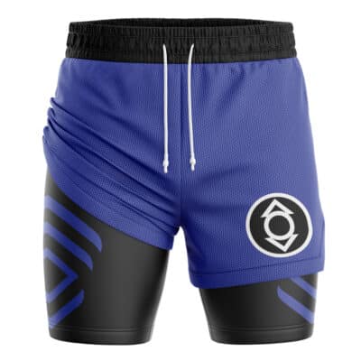 Indigo Lantern Superheroes 2-in-1 Performance Shorts featuring blue mesh athletic fabric, a black compression liner, a white drawstring, and a circular lantern emblem on the leg.