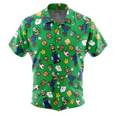 Luigi Patter Pattern Super Mario Short Sleeve Button Up Hawaiian Shirt