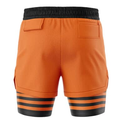 Back view of Orange Lantern Superheroes 2-in-1 Performance Shorts featuring orange athletic shorts with a black waistband, a zippered pocket, and black leggings underneath with three horizontal orange stripes on each thigh.