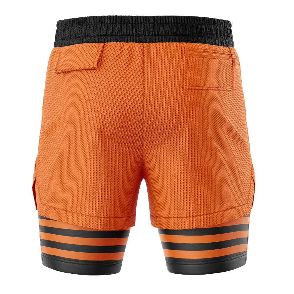 Back view of Orange Lantern Superheroes 2-in-1 Performance Shorts featuring orange athletic shorts with a black waistband, a zippered pocket, and black leggings underneath with three horizontal orange stripes on each thigh.